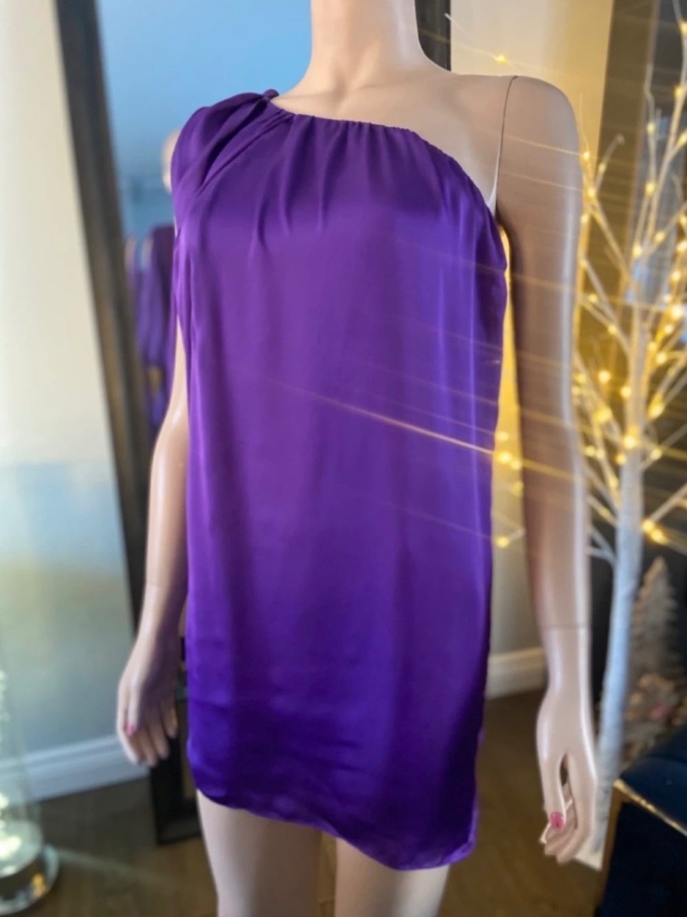NWT Aqua Purple Asymmetrical Batwing Satin Mini Dress (Size 4)